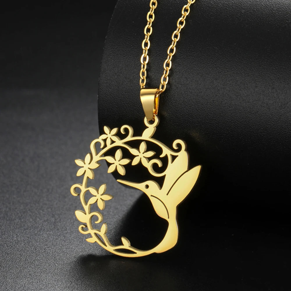 My Shape Hummingbird Flower Pendant Necklaces for Women  Bird Floral Stainless Steel Chain Choker Fashion Jewelry Gifts
