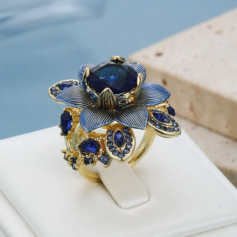 Luxury Blue Red Cubic Zirconia Floral Statement Ring Two-Tone Color Ring Elegant Cocktail Ring For Women Party Wedding Jewelry