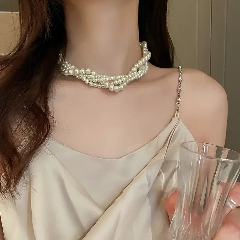 Elegant Multilayer Pearl Choker Necklaces for Women Crystal Flowers Necklaces Weddings Party Jewelry