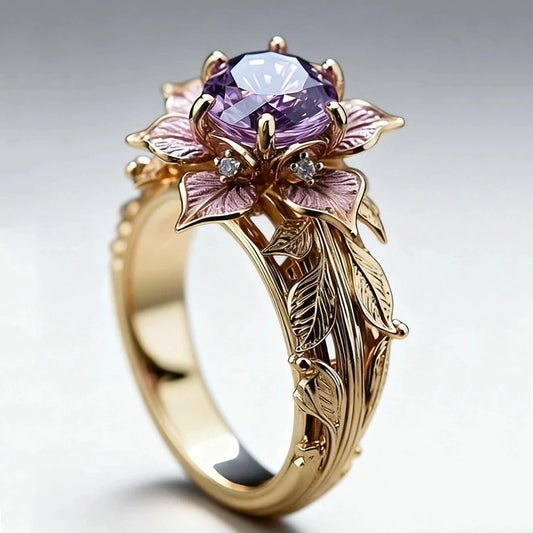 1PC Exquisite Geometric Flower Shape Inlay Purple Color Zircon Rings For Women Party Birthday Gift Accessories Fashion Jewelry
