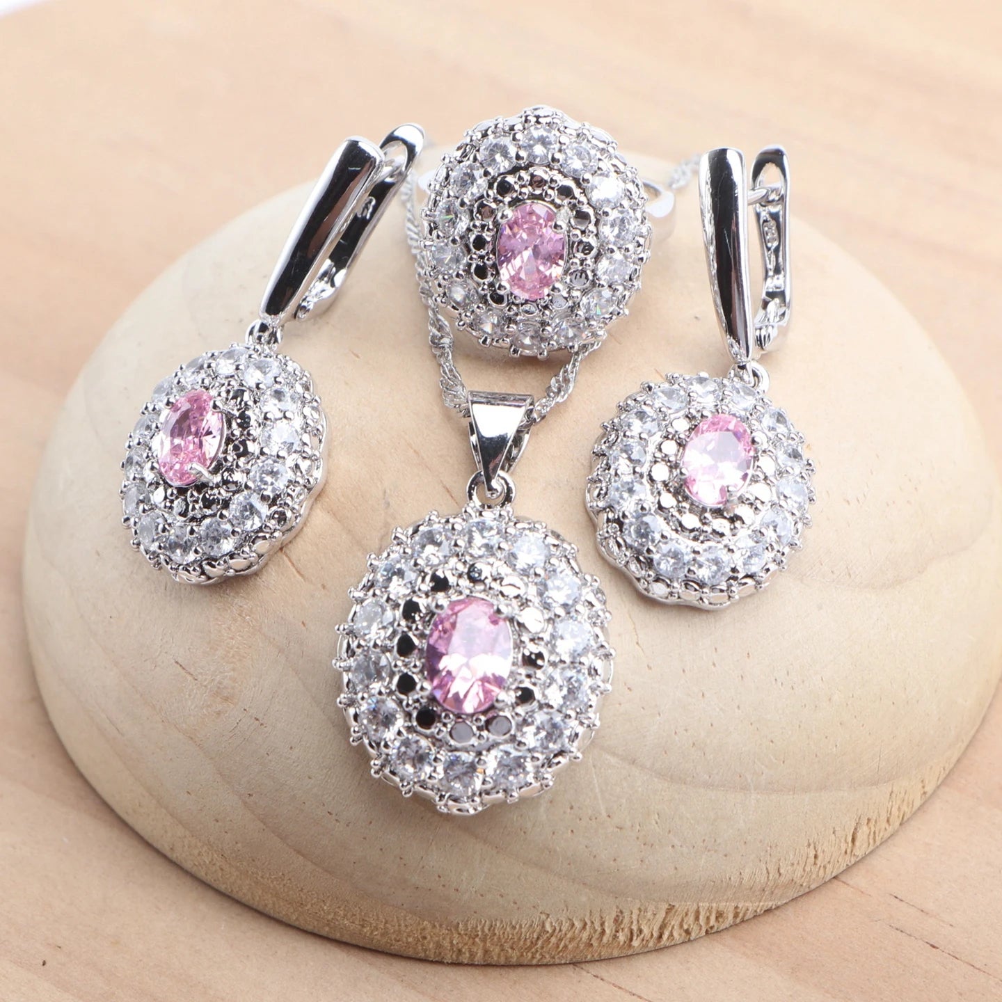 925 Silver Bridal Jewelry Sets For Women Pink Zircon Earrings Rings Pendant Wedding Necklace Set
