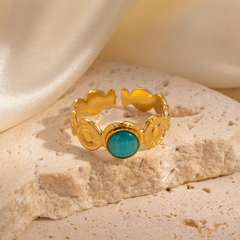 ANENJERY 316L Stainless Steel Colorful Stone Round Card Sun Open Ring for Women Men Niche Special Jewelry Gifts Wholesale