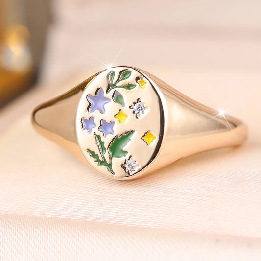 Small  Round Cute Female Green tree Purple Star Enamel Ring Vintage Gold Color Wedding Jewelry For Women