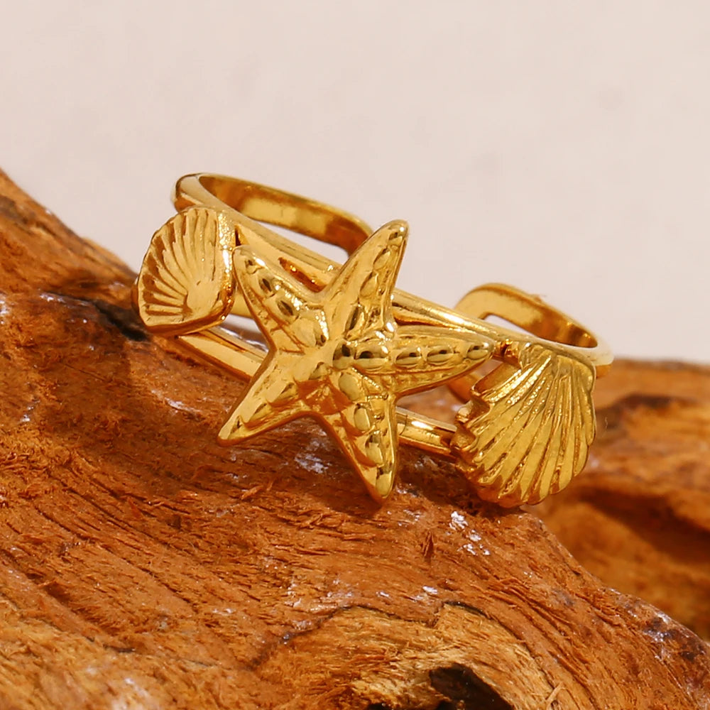 E.B.belle Ocean Style Double Layer Starfish Shell Opening Ring For Women Stainless Steel Gold Plated Vacation Chic Jewelry