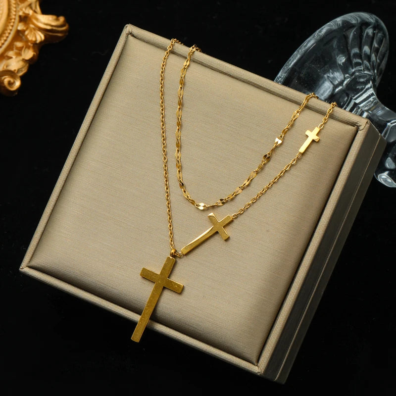 EILIECK 316L Stainless Steel Delicate Shiny Cubic Zirconia Cross Pendant Necklace for Women High Quality Jewelry Water Resistant