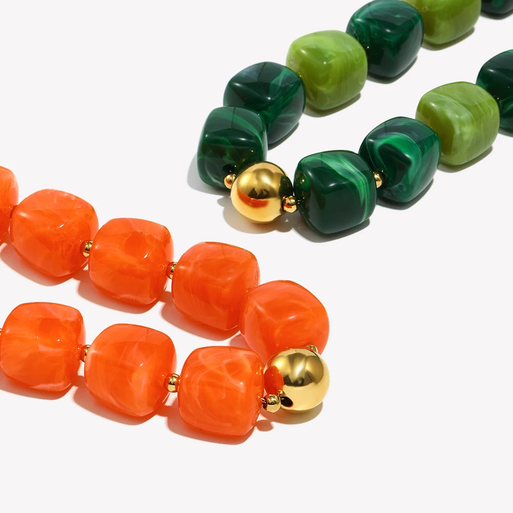 E.B.belle Vintage Statement Acrylic Square Bead Necklace Gold Plated Suitable For Ladies Green Red Bead Tarnish Free Jewelry
