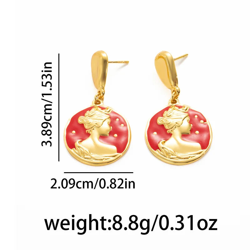ANENJERY 316L Stainless Steel Portrait Round Card Pendant Earrings For Women Vintage Personality Versatile Party Jewelry Gifts