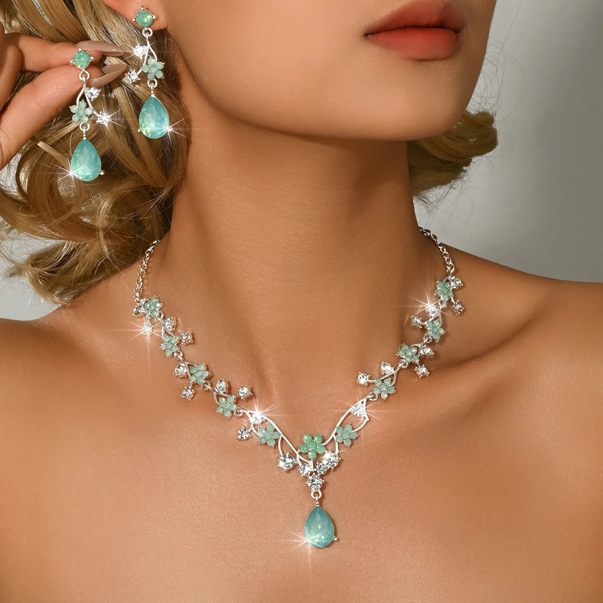 Women's Blue Geen Floral Earrings Necklace Set, Elegant Jewelry Gift for Women, Perfect for Parties & Daily Wear