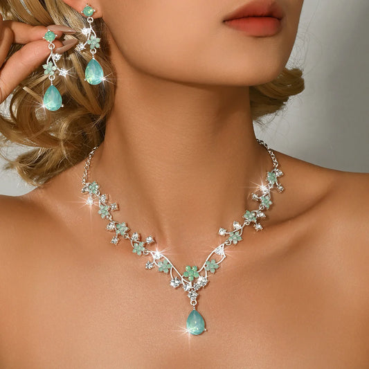 Women's Blue Geen Floral Earrings Necklace Set, Elegant Jewelry Gift for Women, Perfect for Parties & Daily Wear