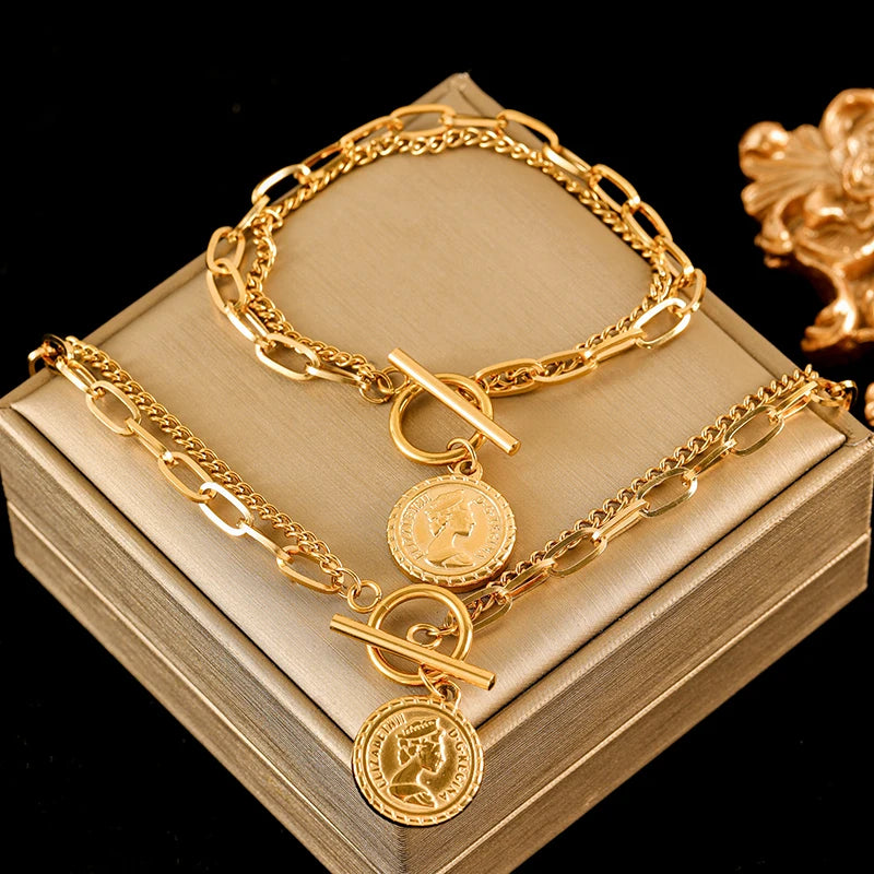 EILIECK 316L Stainless Steel Gold Color Portrait Coin Necklace Bracelets Set For Women New Trendy OT Buckle Waterproof Jewelry