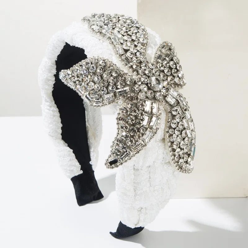Vintage Rhinestone Sequin Velvet Wide Headband for Women Luxury Jeweled Flower Hair Hoop Elegant Bridal Hair Accessories