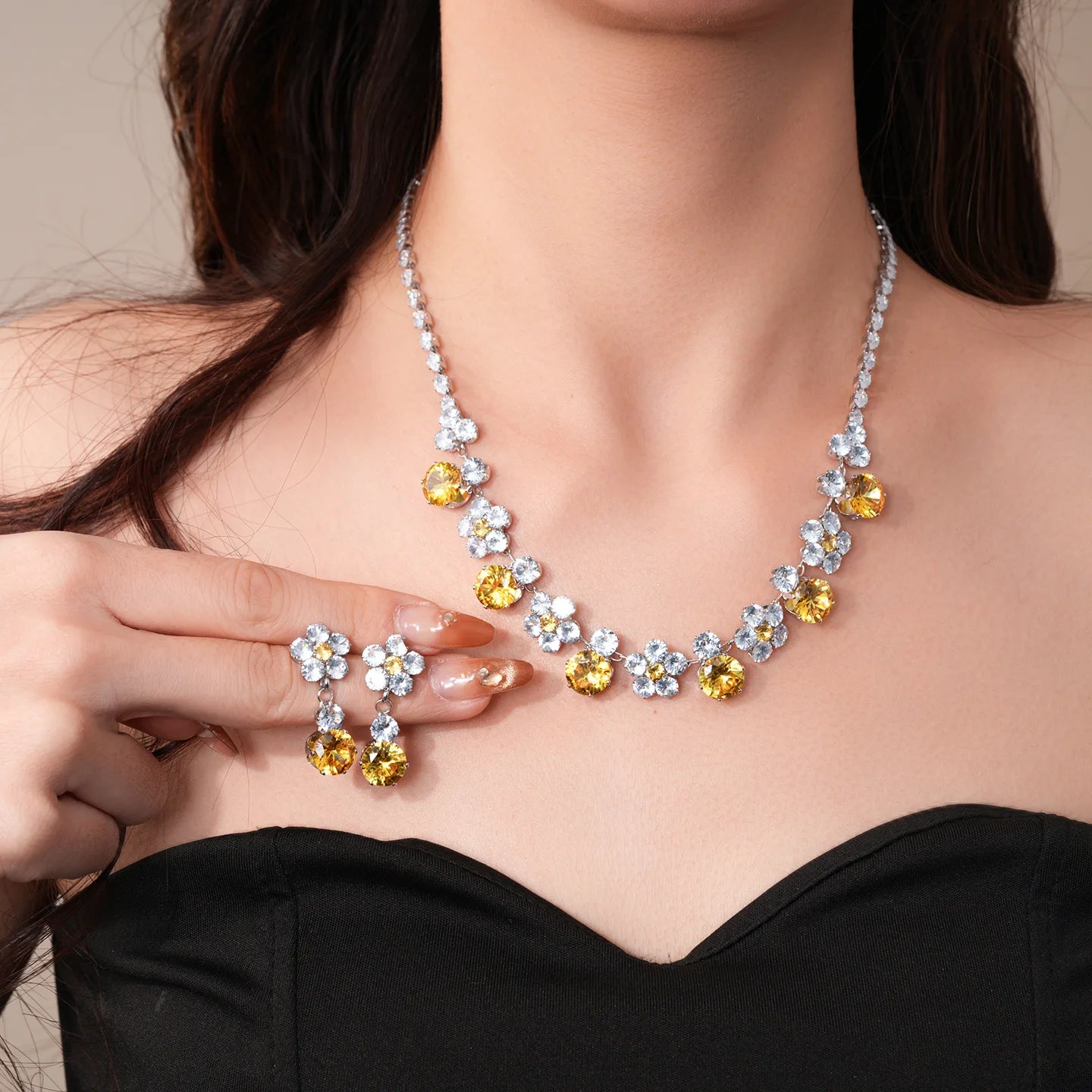 2 Pcs Reteo Flower Rhinestones Chokers Necklaces for Gathering Bling Color-block Dangle Earrings Banquet Anniversary Set H
