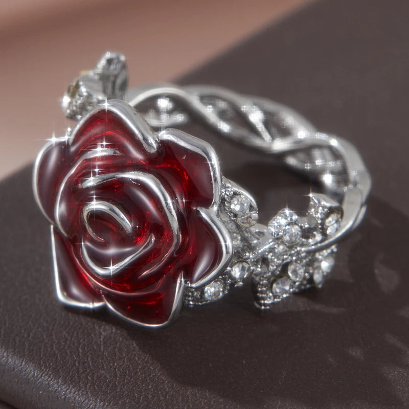Bohemian Flower Red Crystal Rings for Women Girl Gorgeous Silver Color Ring Wedding Engagement Christmas Valentine's Day Gift