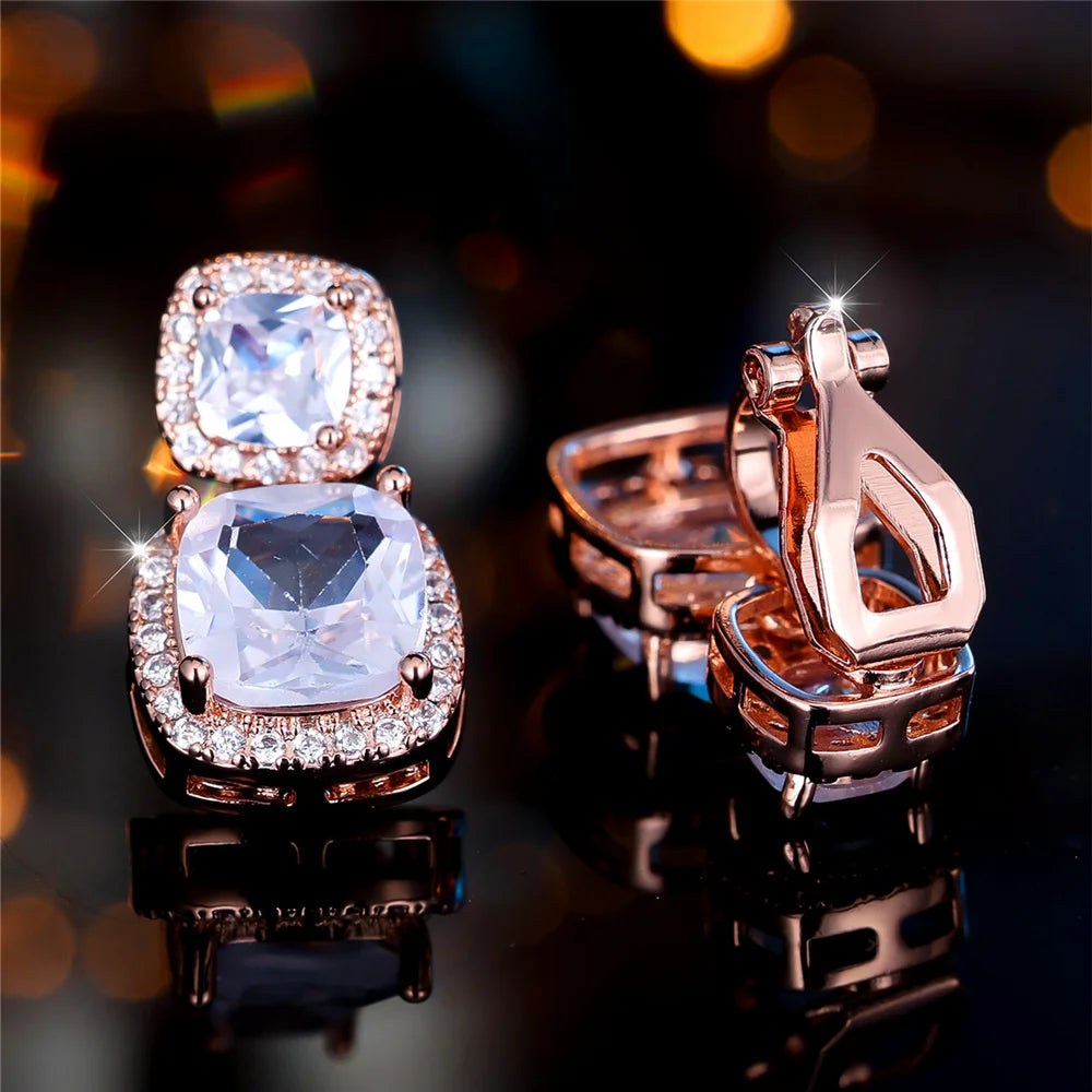 Luxury Big White Zircon Clip Earrings For Women Luxury Crystal Female Silver Color Round Wedding Jewelry