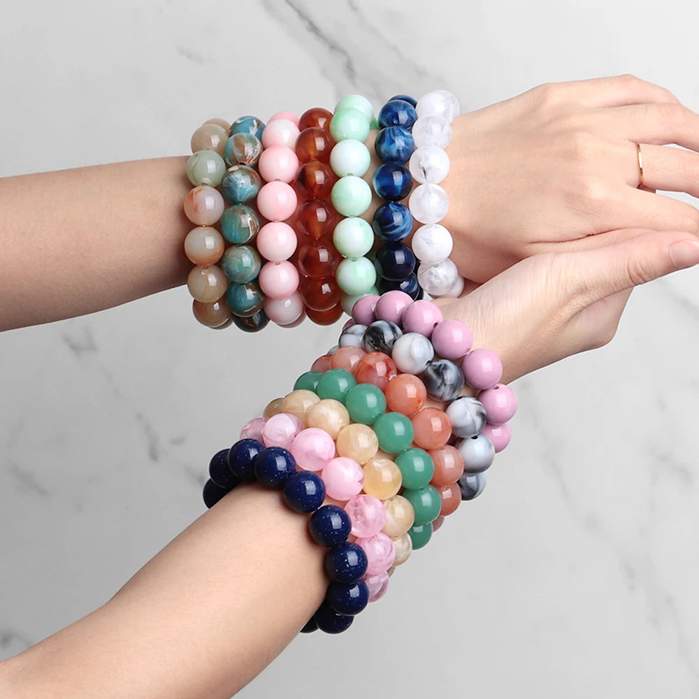 Bohemian Acrylic Colorful Marbled Elastic Round Beads Bracelets Trendy Geometric Stackable Bangle Bracelet Jewelry for woman