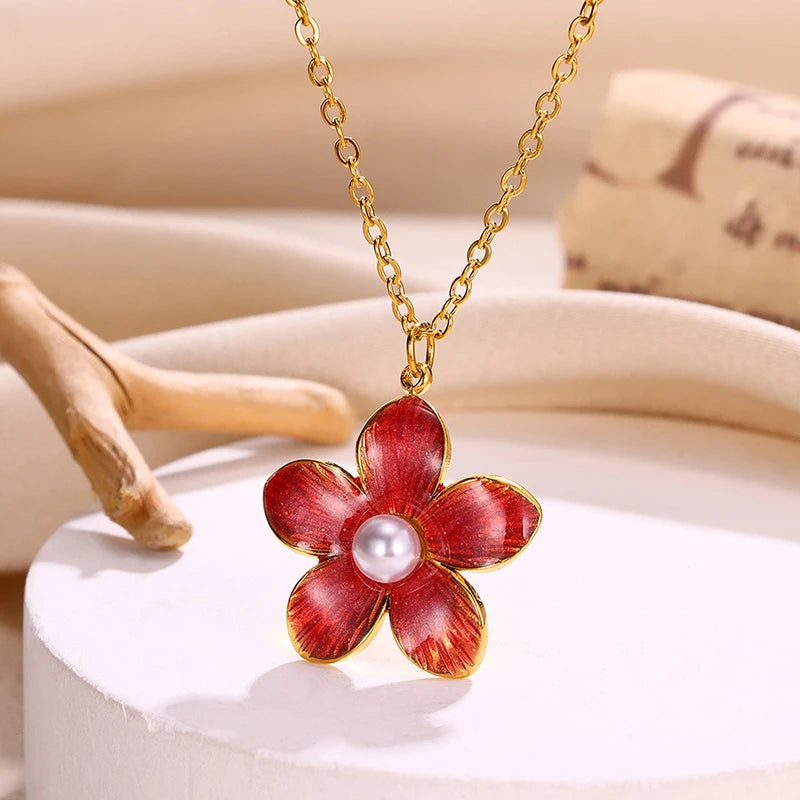 ANENJERY 316L Stainless Steel Enamel Colorful Flower Pearl Pendant Necklace For Women Sweet French Luxury Jewelry Gift Wholesale