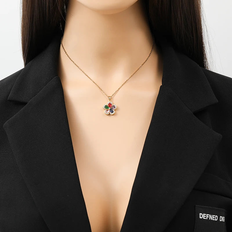 EILIECK 316L Stainless Steel Green Cubic Zircon Flower Pendant Necklace for Women Luxury Temperament Neck Chain Fashion Jewelry