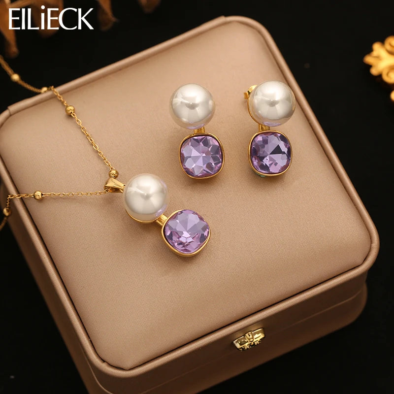 EILIECK Purple Crystal Zirconia Pearl Necklace Earrings Trendy Stainless Steel Waterproof Jewelry Set Golden Metal Texture Women