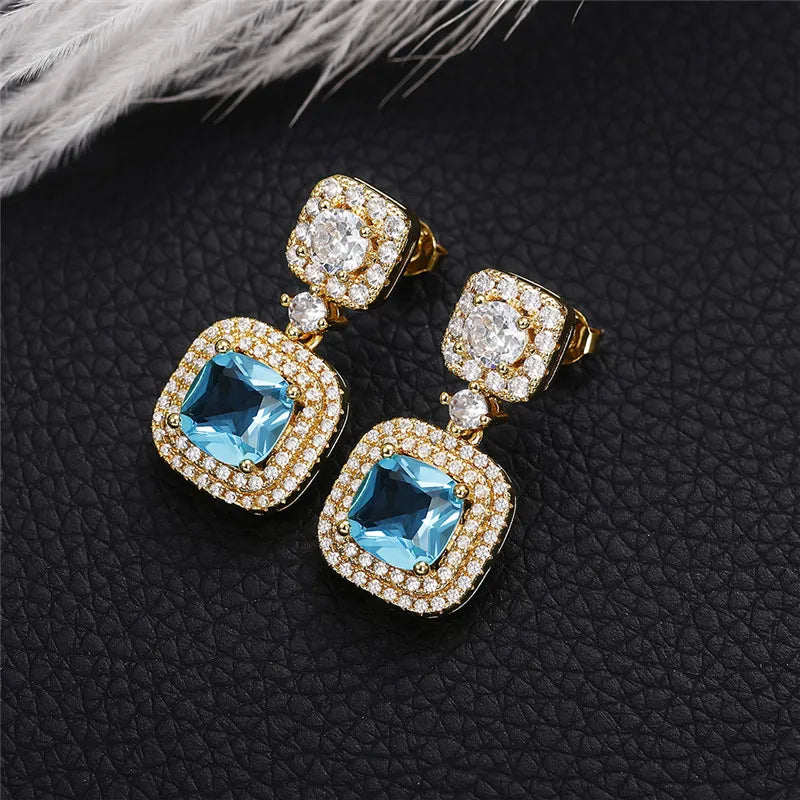 Huitan Luxury Gold Color Blue CZ Dangle Earrings Engagement Wedding Party Noble Women's Ear Accessories New Fashion Jewelry 2022