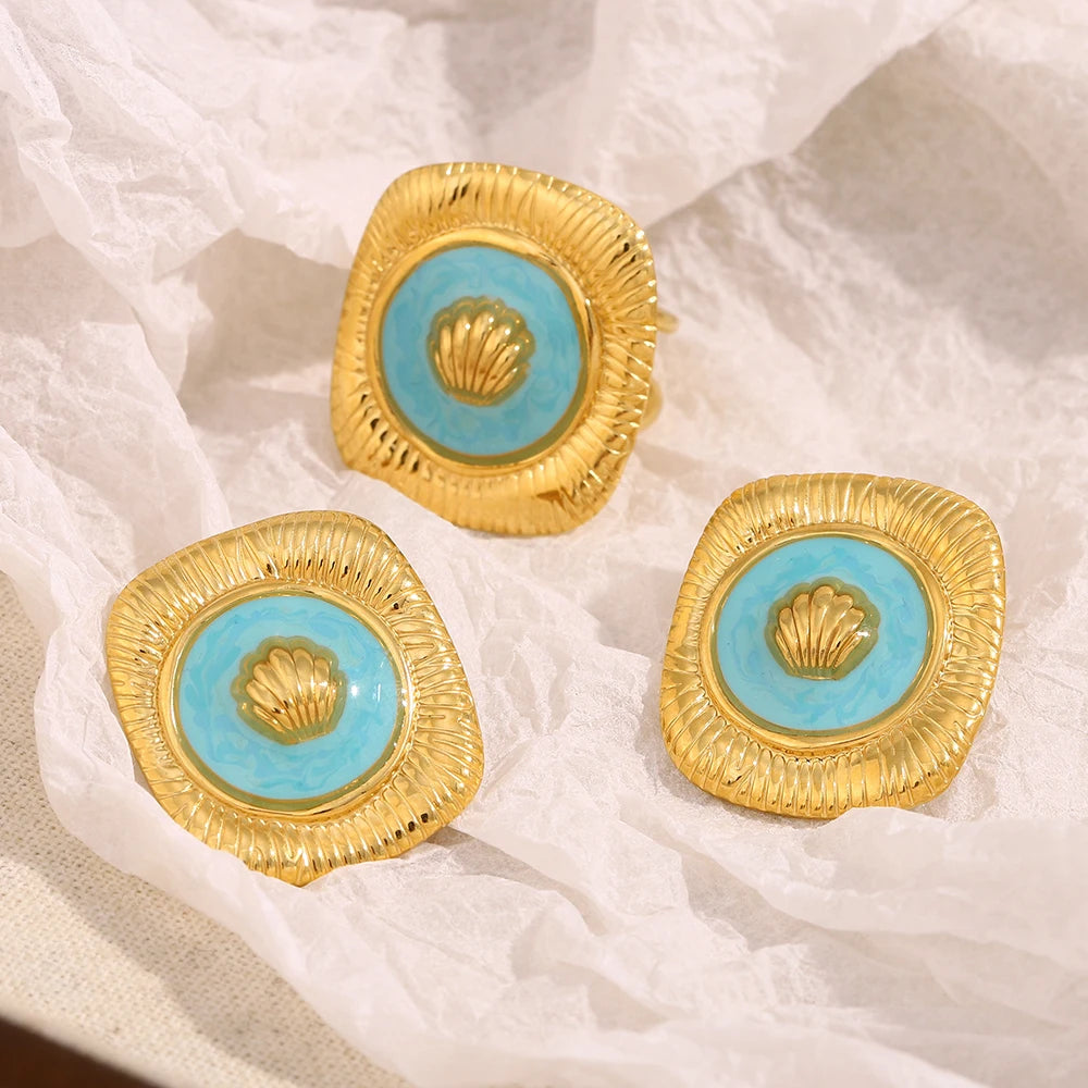E.B.belle New Design Blue Drop Oil Square Shell Trendy Women's Earrings Rings 18K Gold Plated Stainless Steel Jewelry Set
