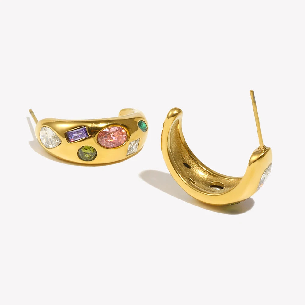 E.B.belle Geometry Colorful Zircon C-shpaed Stud Earring Basic Fahsion Stainless Steel Women Jewelry Waterproof Hypoallergenic