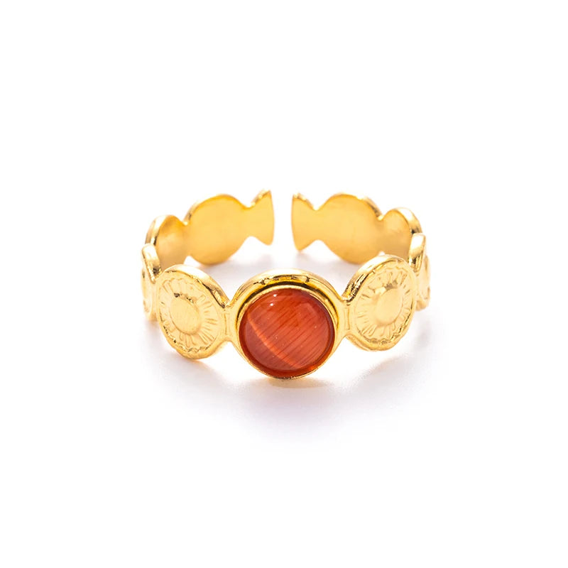 ANENJERY 316L Stainless Steel Colorful Stone Round Card Sun Open Ring for Women Men Niche Special Jewelry Gifts Wholesale