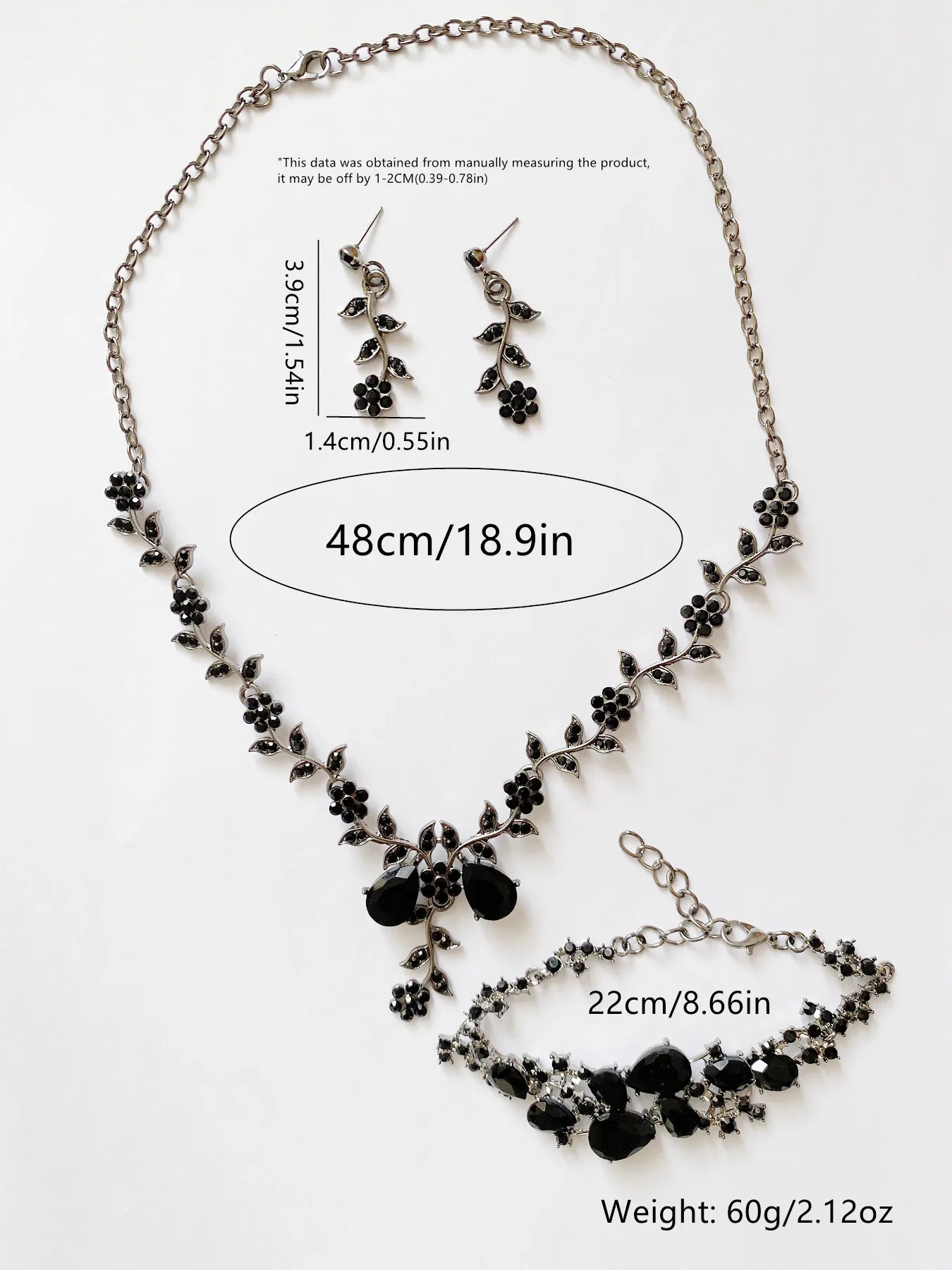 Vintage Floral Tassel Earrings Bracelet Set Water Drop Rhinestone Necklace for Women Wedding Party Daily Wear
