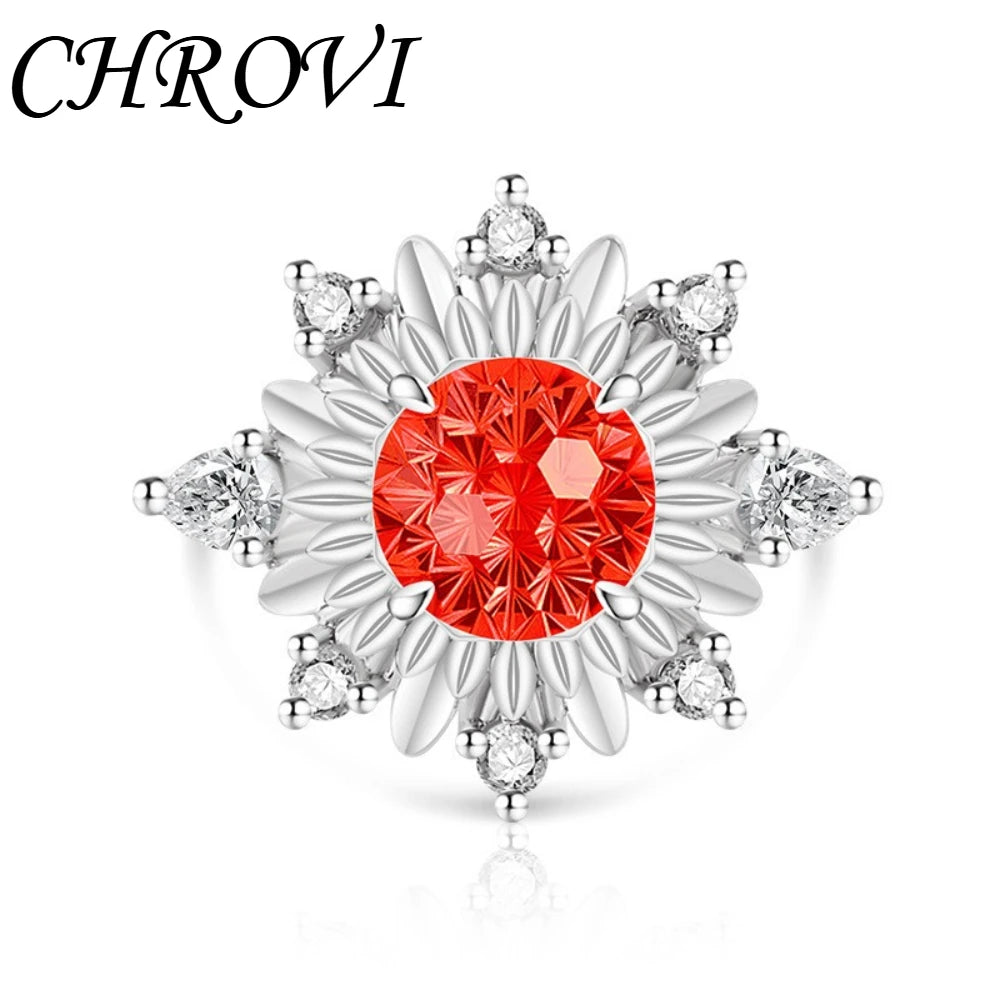 Luxurious 925 sterling silver gemstone flower chrysanthemum ring for women - ultra-shiny sunflower style finger ring