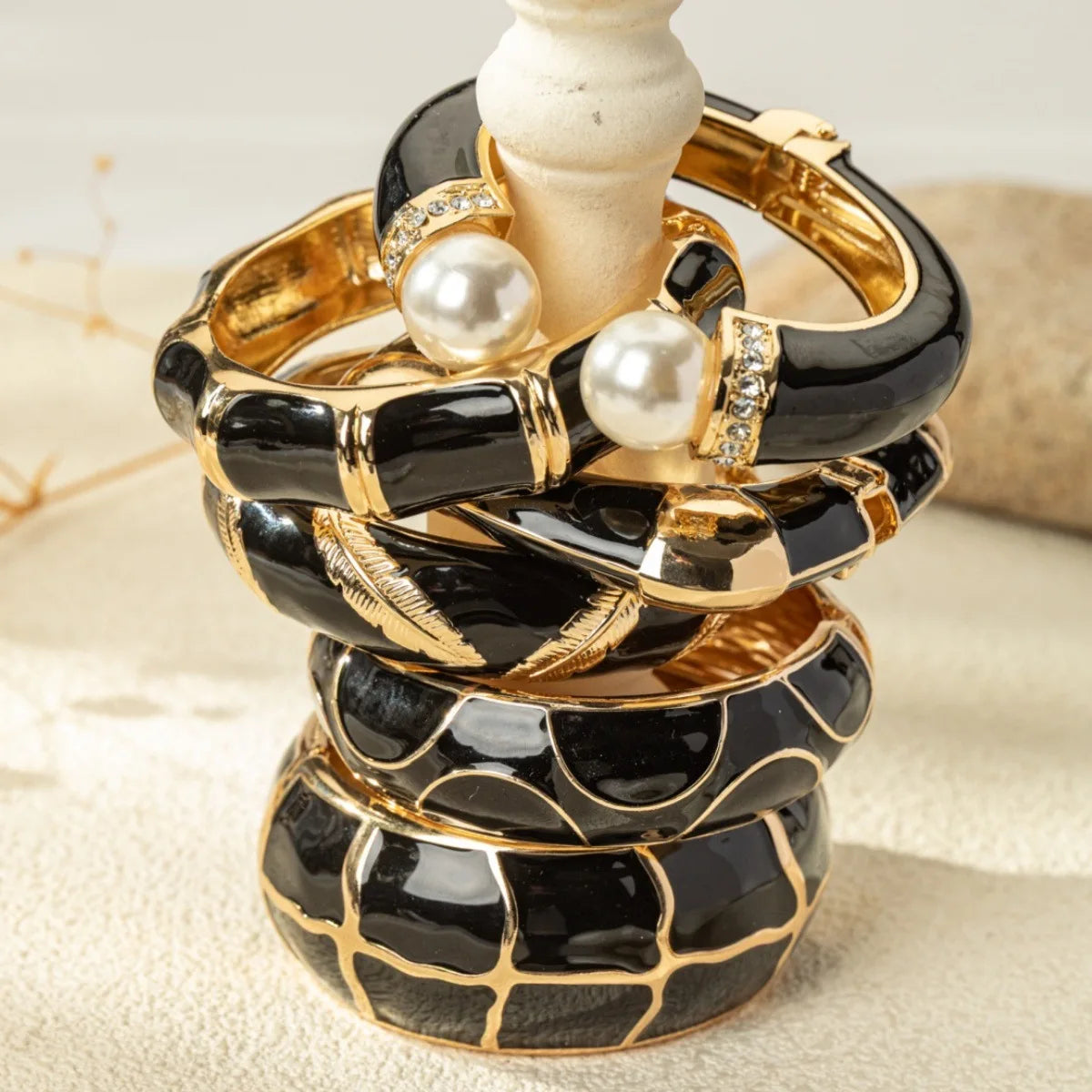 KMVEXO Exaggerated Unique Black Imitation Enamel Metal Wide Bangles Women Geometric Irregular Spring Bracelet Punk Rock Jewelry
