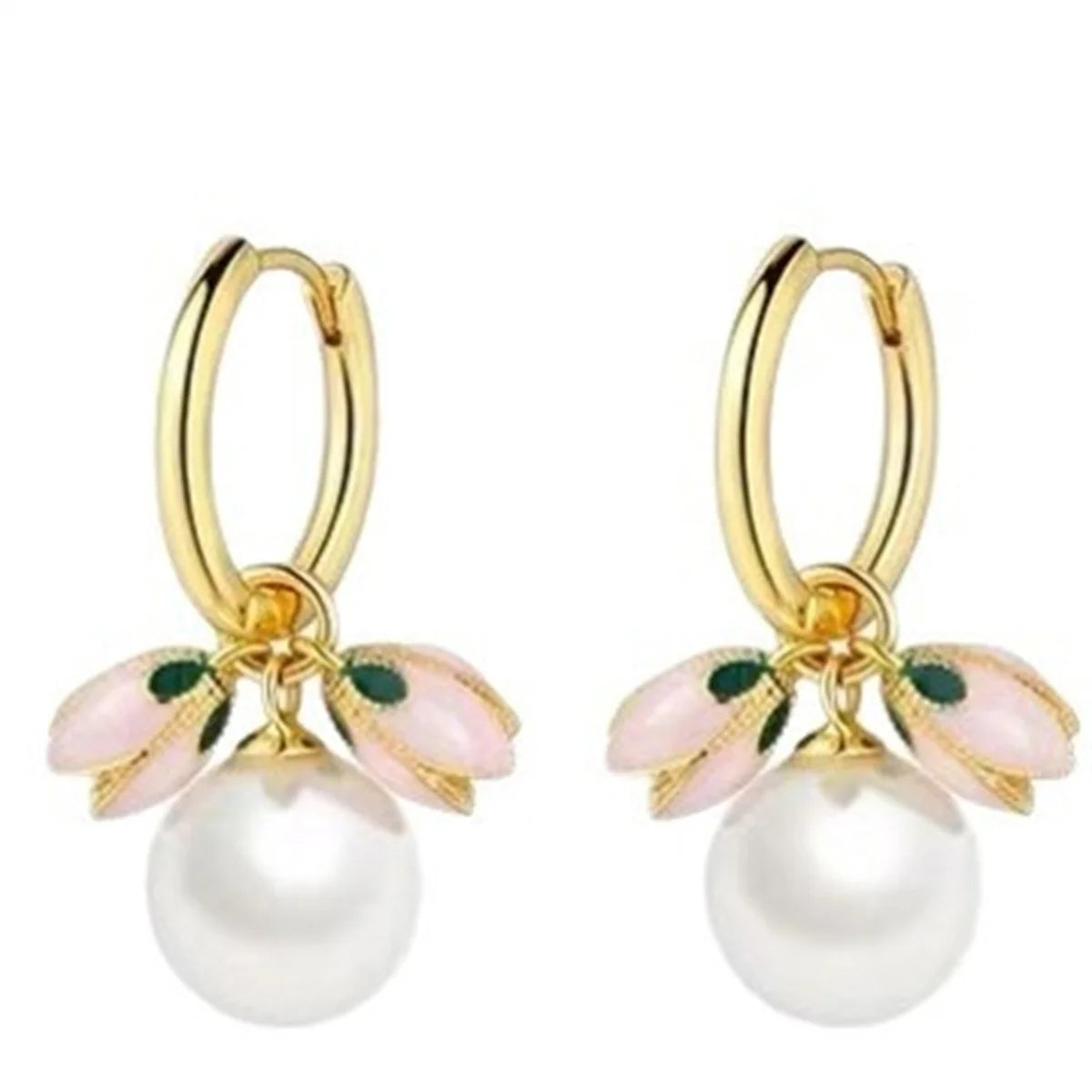 Small Flower Luxury Charm Female Round White Pearl Stud Earrings Rose Gold Color Wedding Jewelry For Women
