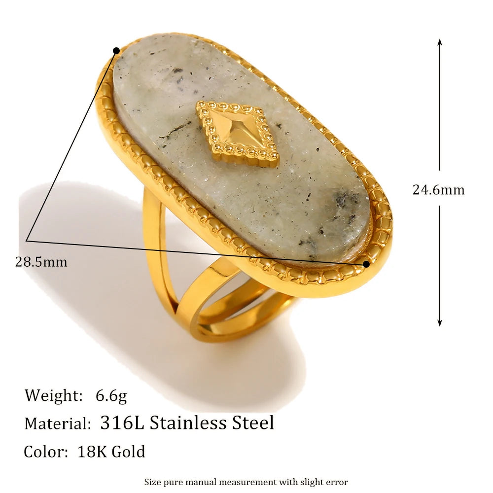 E.B.belle 18K Gold Plated Stainless Steel Waterproof Luxury Oval White Jade Opening Ring For Women Party Wedding Finger Jewelry