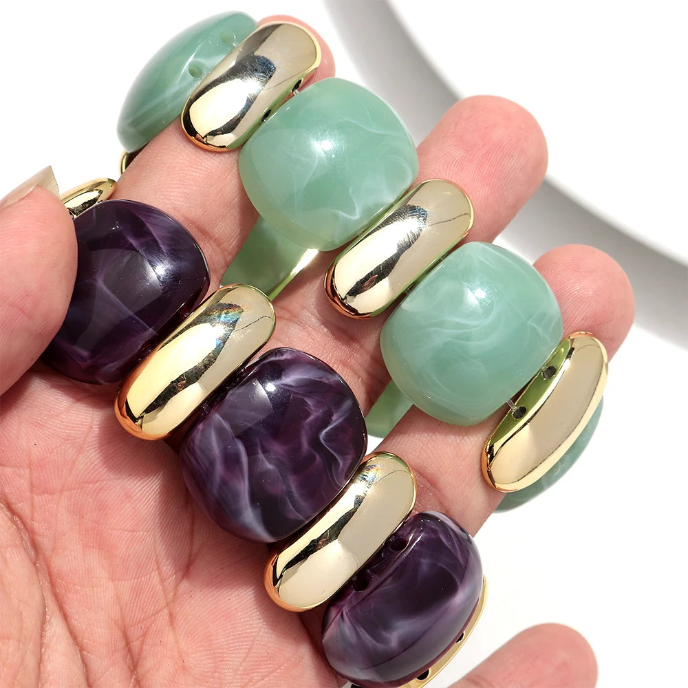 Elegant Acrylic Marble Geometric Petal Curved Beads Elastic Bracelets Trendy CCB Bead Chunky Bangles Bracelet Women Accessories