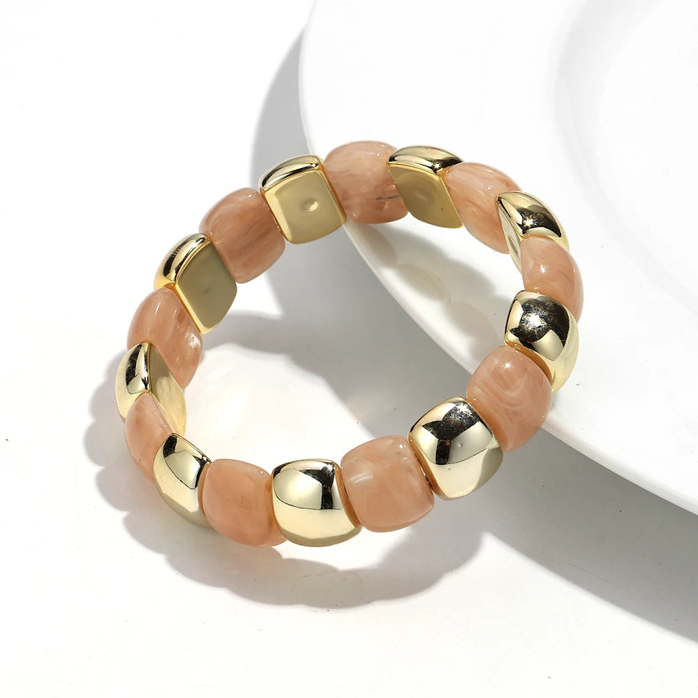 Vintage Acrylic Coloful Geometric Beads Elastic Bangle Bracelets Fashion Resin Golden CCB Bead Stackable Bracelet Women Jewelry