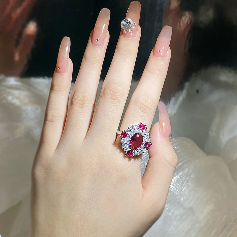 Vintage Jewelry Long Ring Ruby Rose Red Pendant Ring Crystal Luxury 925 Sterling Silver Wedding Gift To Girlfriend