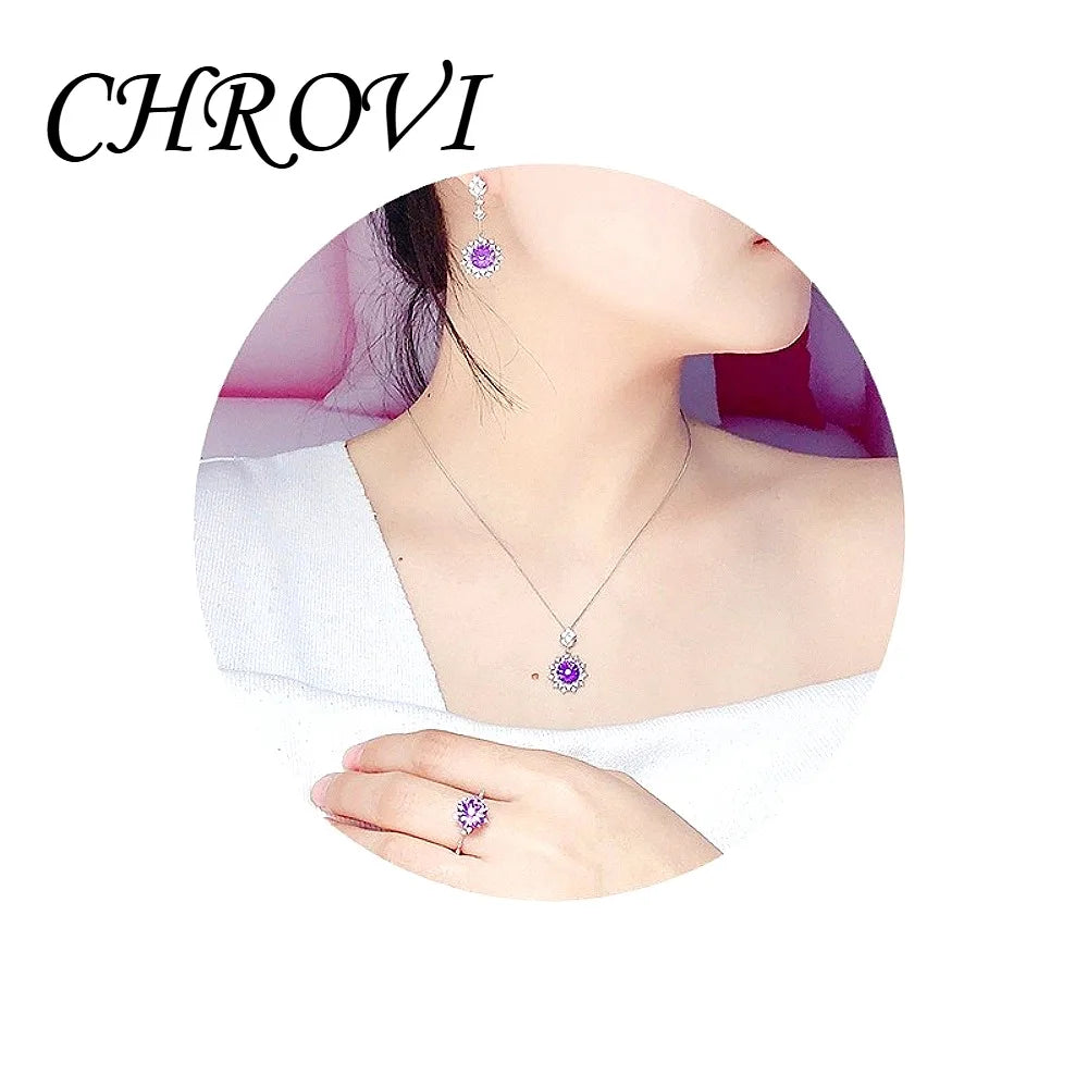 New 925 pure silver purple crystal ring pendant earring set - Sparkling cut purple crystal necklace