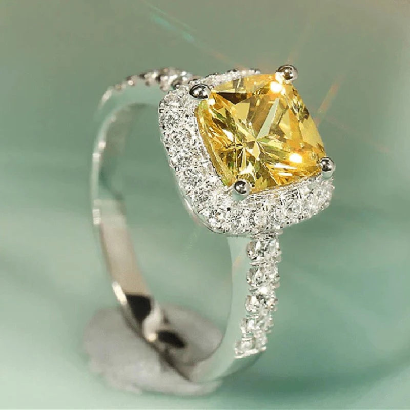 Huitan Bright Yellow CZ Finger Rings for Women Gorgeous Wedding Bands Accessories Temperament Lady's Rings Party Fashion Jewelry