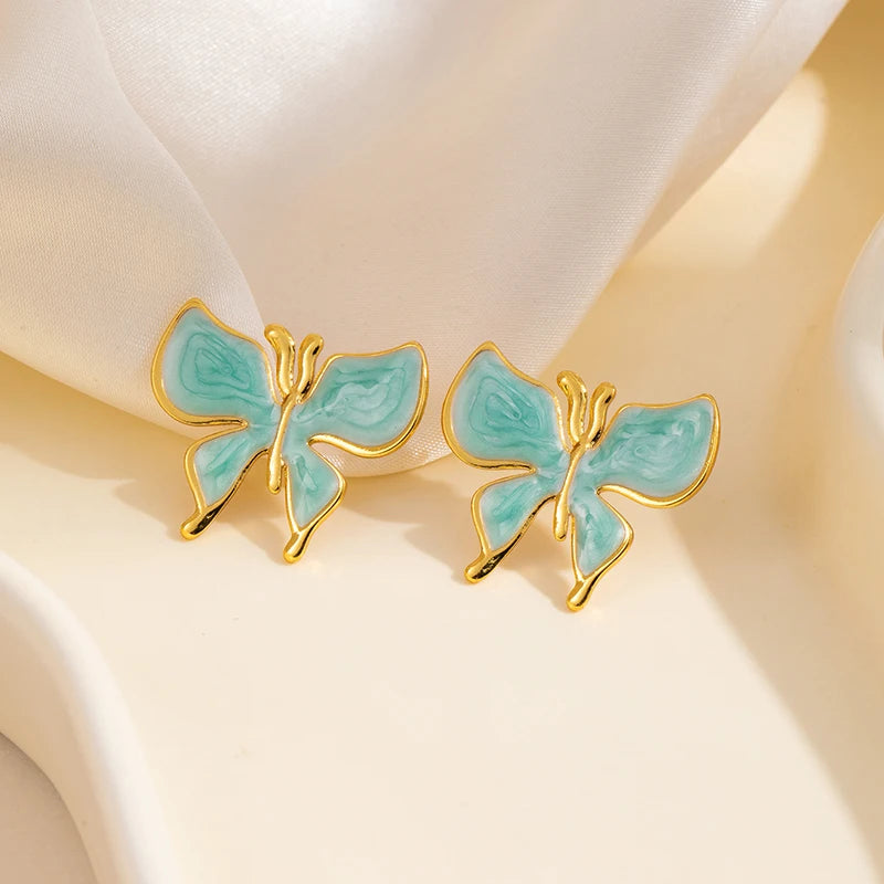 ANENJERY 316L Stainless Steel Drop Oil Butterfly Stud Earrings For Women Delicate Elegant Vintage French Jewelry Gifts Wholesale