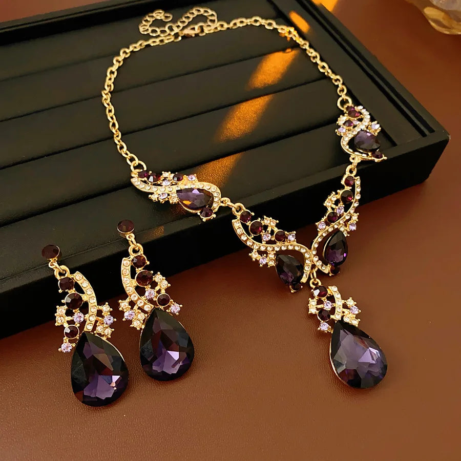 Purple Rhinestone Pendant Necklaces Drop Earrings Party Banquet Jewelry Set Vintage Water Drop Necklace Earrings Accessories H