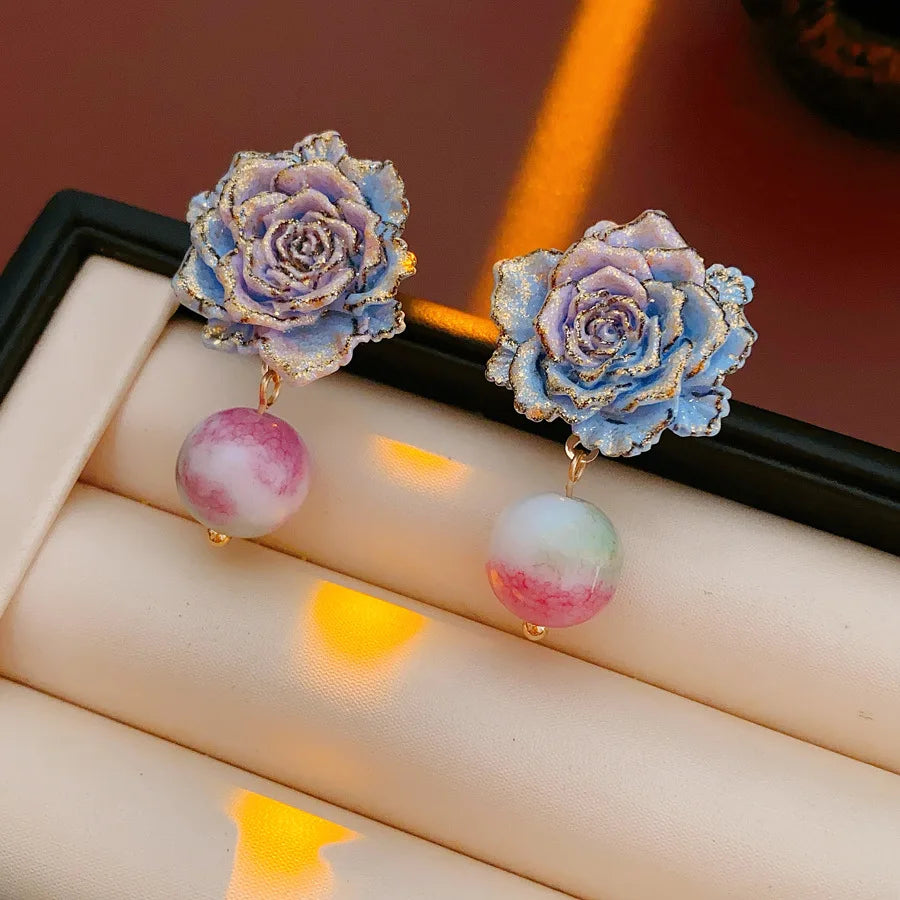 Rose Flower Glass Bead Earrings for Women 2025 Fashion French Retro Vintage Stud Earring High-end Luxury Designer Jewelry