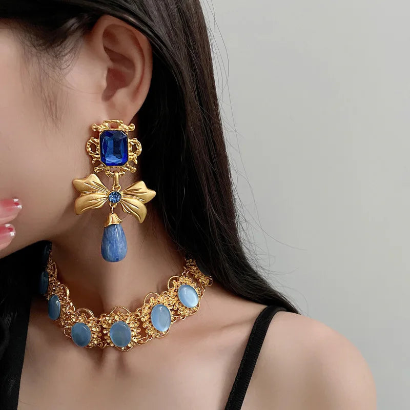 3 Pcs Bluey Rhinestone Square Bowknot Water Drop Dangle Earrings for Women Vintage Unique Design Necklaces Collar Jewelry Sets