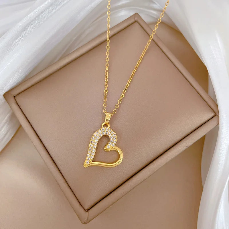 Luxury Heart Necklace for Women Full Paved Bling Cubic Zirconia 14k Gold Color Exquisite Necklace Female Wedding Jewelry