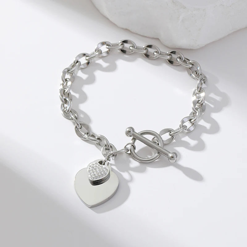 EILIECK New Fashion Stainless Steel Metal Double Heart Necklace Bracelet Set  For Women Waterproof Silver Color Jewelry Gift