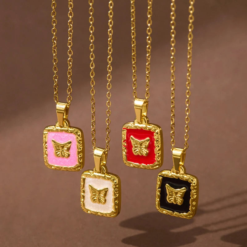 ANENJERY 316L Stainless Steel Butterfly Square Card Pendant Necklace For Women Simple Clavicle chain Elegant Jewelry Gifts