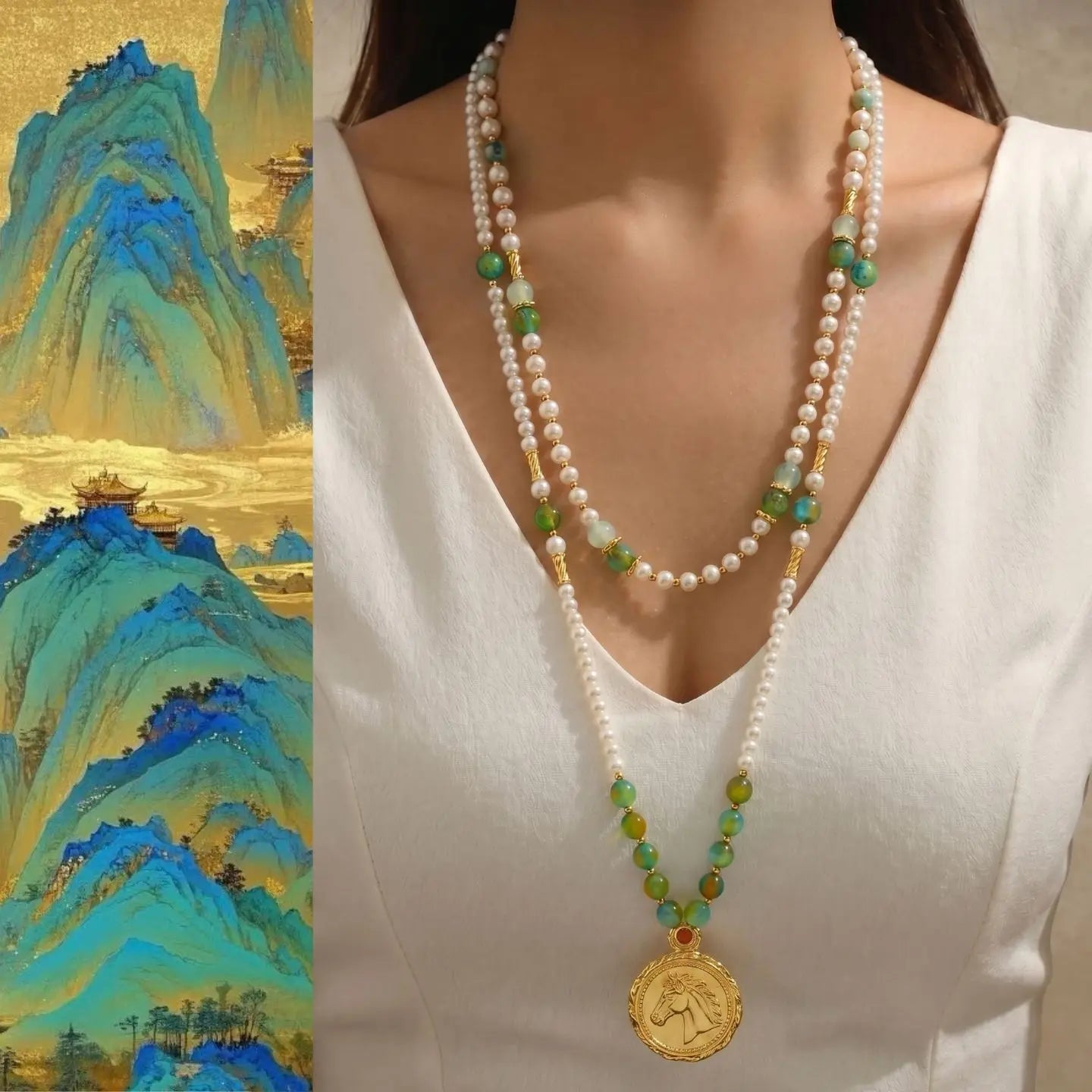 Year of the Horse Limited Oil Painting Gilded Pearl Pendant, Chinese Style Double layered Shijia High quality Pearl Necklace, Ho