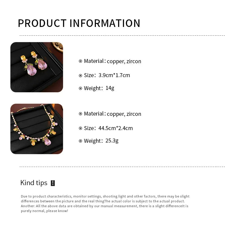 Colorful Zircon Flowers Water Drop Earrings Pendant Necklace Women's Charm Elegant Fashion Jewelry Set Accessories Party Dress G