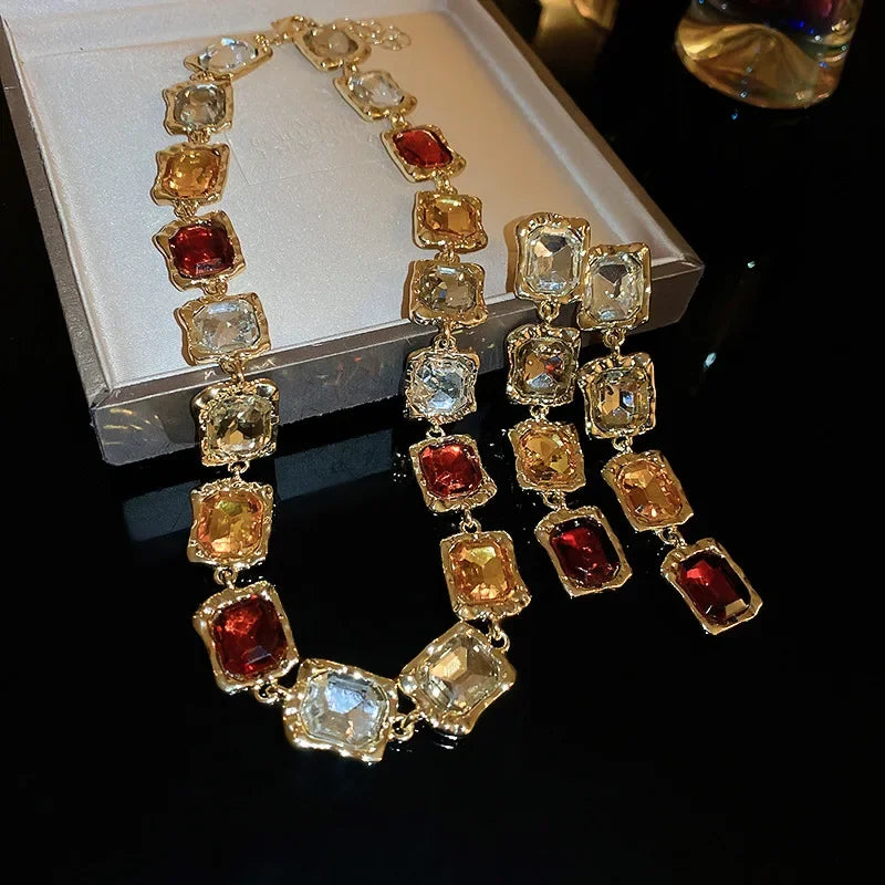 Crystal Inlaid Square Set Necklace and Earrings Fashionable Temperament Splicing Clavicle Chain Jewelry Decoration for Women