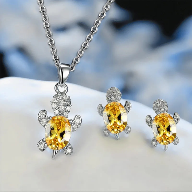 Multicolor Rhinestones Turtle Necklace Earrings sets for Women 14k Platinum Plated 3 Pcs Jewelry Set Female Party Wedding Gifts