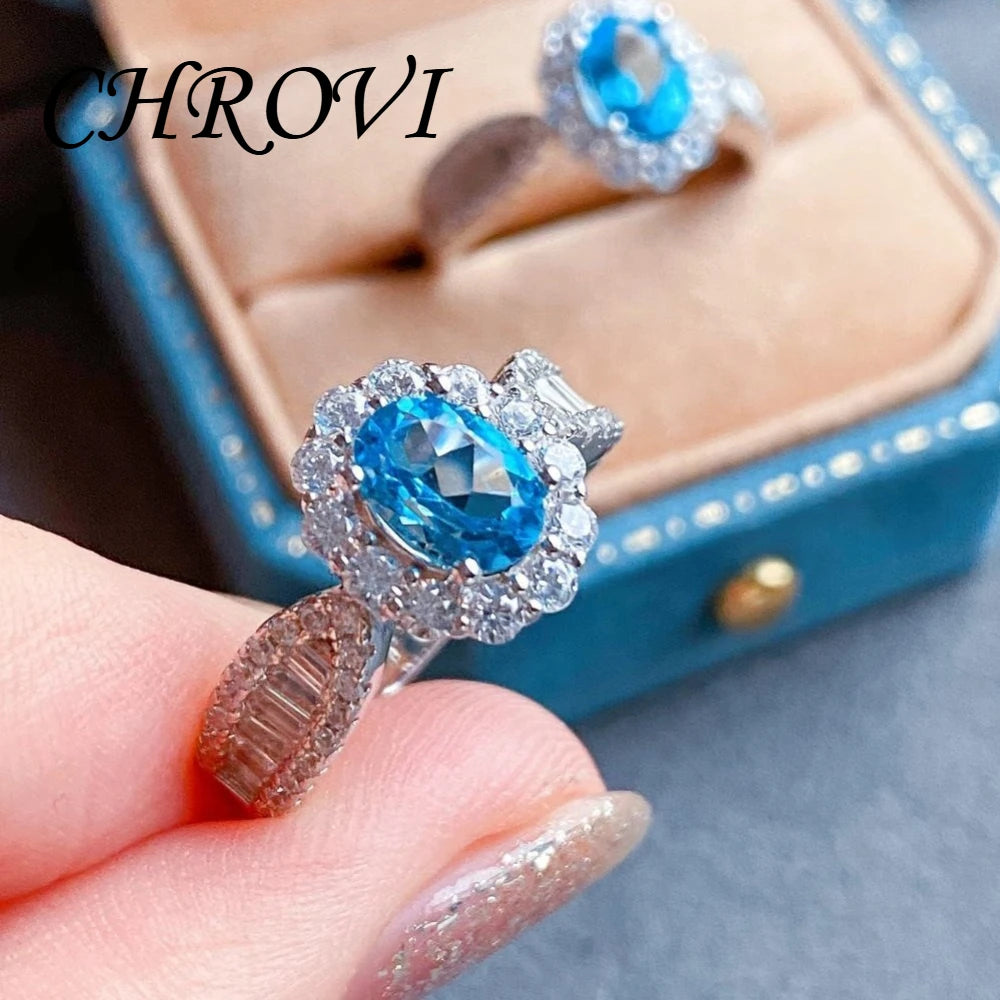Fashion 925 sterling silver sky blue topaz full diamond minimalist style open ring for women - finger ring