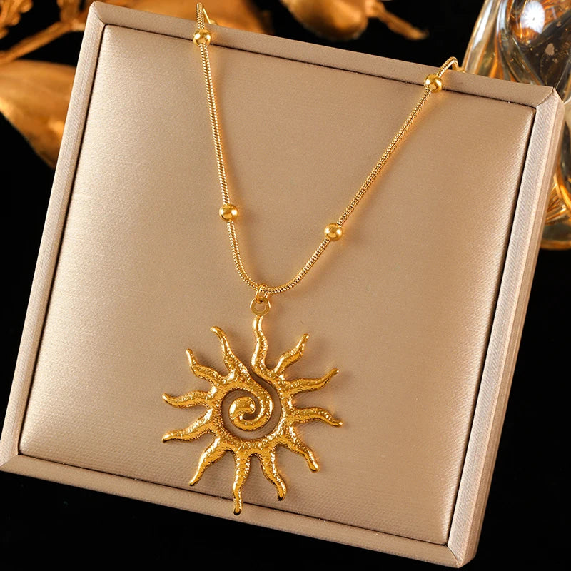EILIECK 316L Stainless Steel Pearl Shell Starfish Sun Charm Necklace For Women Ocean Style Gold Plated Handmade Holiday Jewelry