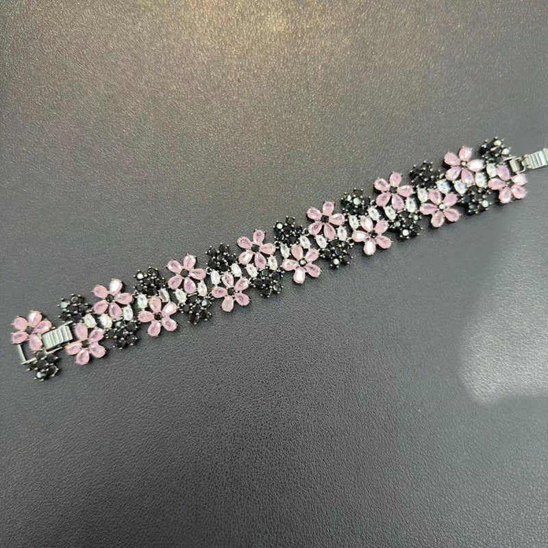 Luxury Cubic Zirconia Gemstone Bracelet Ring Earring Jewelry Set for Women Wedding Gift Colorful Stone Five Petal Flower Design